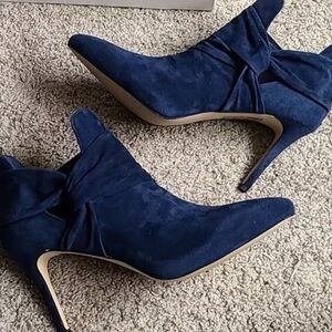 White House Black Market Chloe Side Twist Shootie Bootie in Blue Suede
